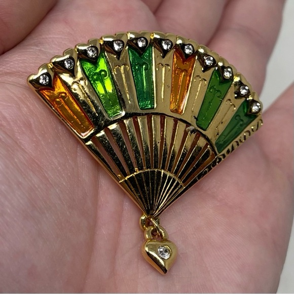 Vintage Gold Tone Signed Monet Multicolor Fan Pin Brooch - Picture 2 of 8